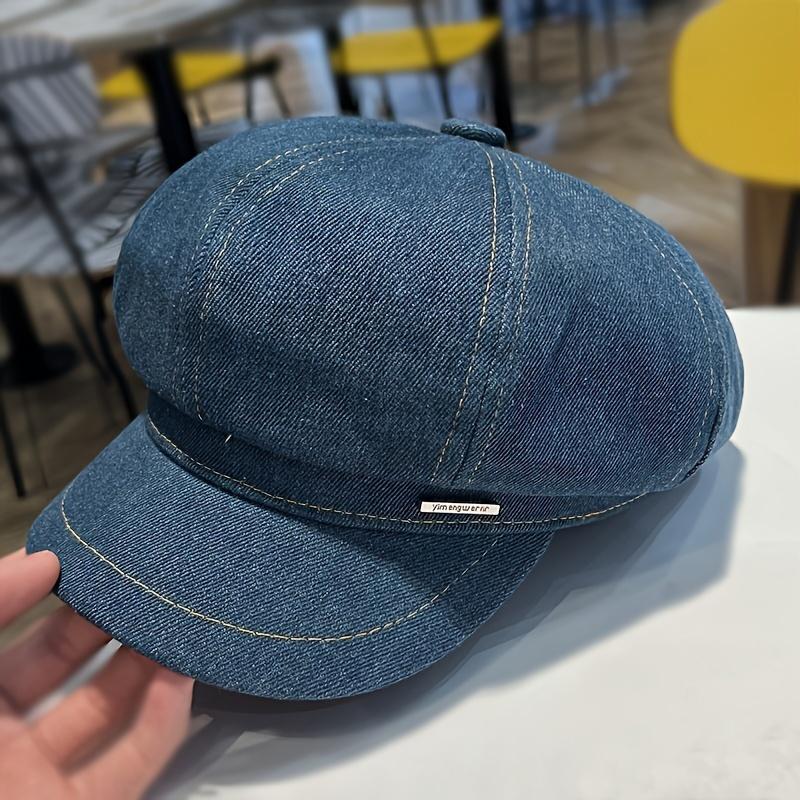 Women'S Denim Beret Hat with Metal Tag, Washed Distressed Design, Sun Protection, Inelastic, Stripe Craftsmanship, Versatile for Spring & Fall Outings