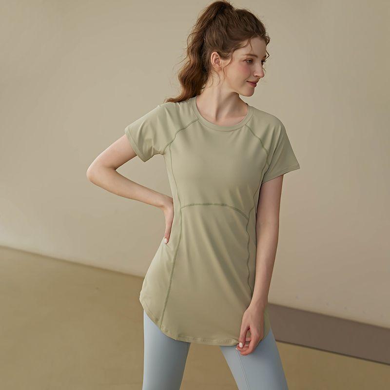 Sommer Modisch Einfarbig Rundhals Damen Slim Fit Lauf-T-Shirt Yoga Lang Geschnitten Hüftbedeckendes Workout-Top