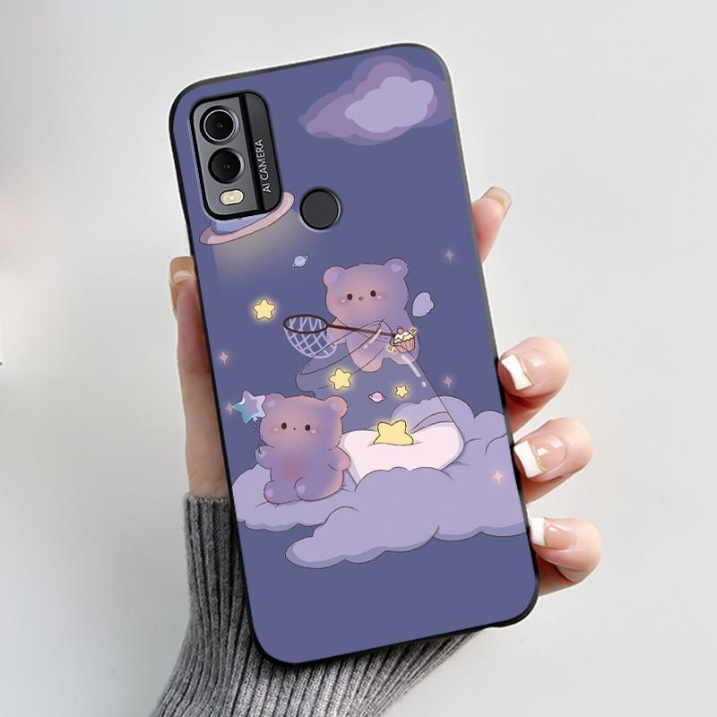 Coque Pour Nokia C22 Étui Pour Nokia C32 Coque de Téléphone Arrière Silicone Souple Noir TPU Esthétique Mignon Chat Astronaute Coque Bumper
