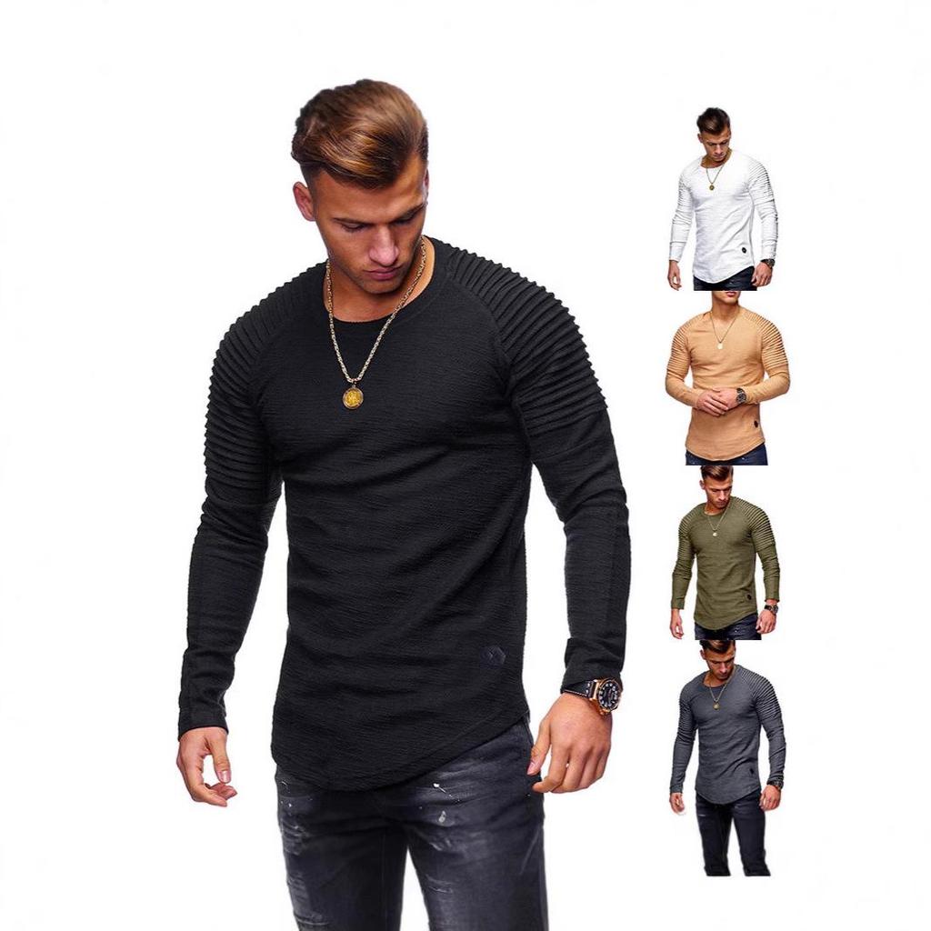 Herren-T-Shirt mit schmaler Passform und langen Ärmeln im Raglan-Stil – einfarbig, Rundhalsausschnitt, plissierte Ärmel, perfekt für Frühling und Herbst.