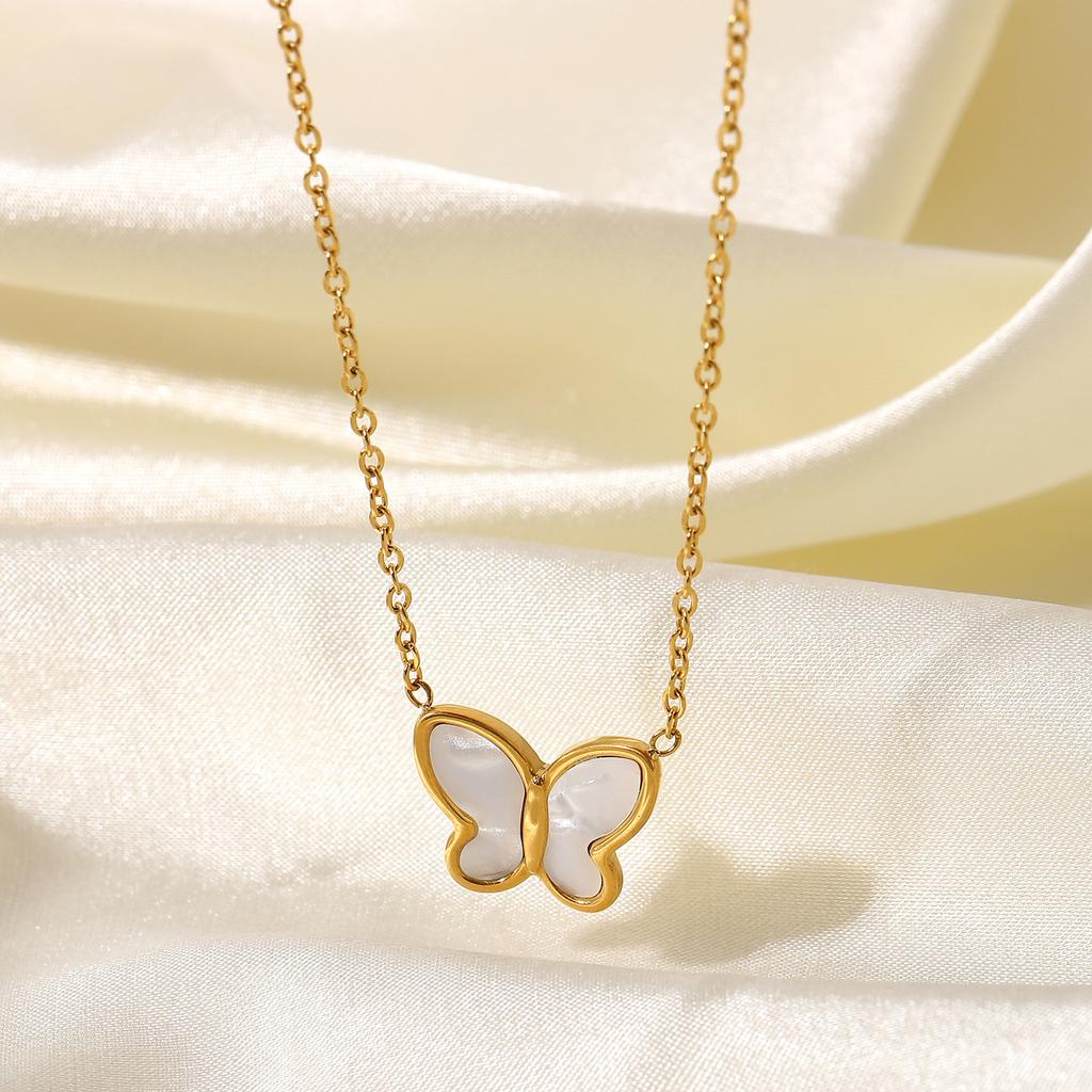 Tarnish Free Shell Butterfly Pendant Necklace For Women  Gold Plated Stainless Steel Choker Necklace