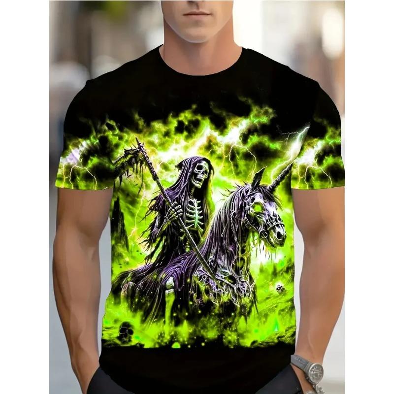 

Summer Round Neck 3D Grim Reaper on Skeletal Unicorn Graphic Print Top Fashionable Casual Short Sleeved Men s T-shirts XS