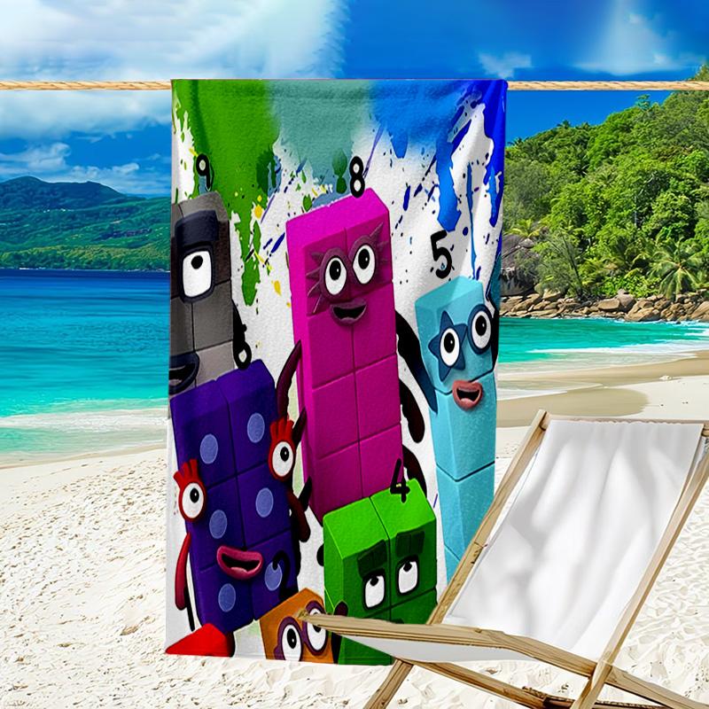 1pc 3D-Number-Blocks-Cartoon Beach Towel, Sports Cape, Beach and Seaside Swimming Pool Equipment, Fashion Pattern, Rectangular, Travel Essentials
