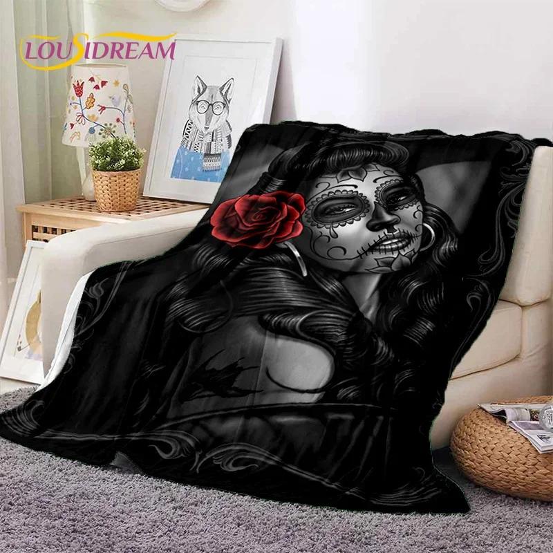 Skull Dead Girl 3D Gothic Horror Female Rose Soft Flannel Blanket,Throw Blanket Comfortable Blanket for Picnic Beds Home Bedroom