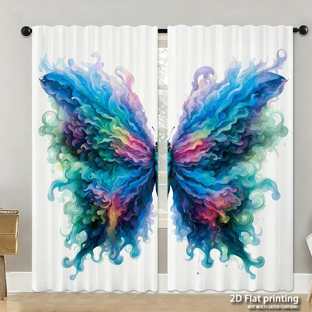 Piece Set High Definition Digital Printed Curtainscolorfulflowingbutterflyartstyleforrodcurtainshome Decoration Style Curtain Polyester