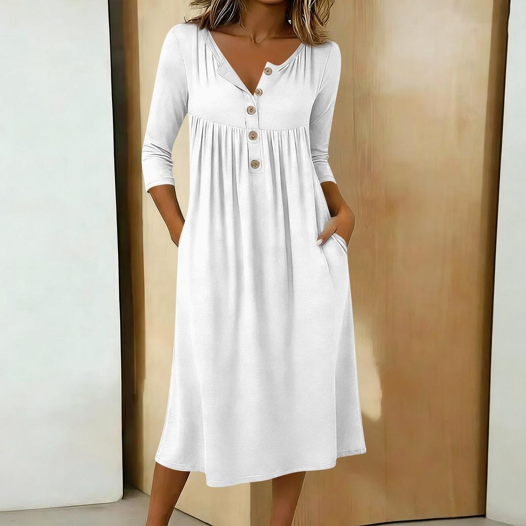 Damen Lässiges Midikleid mit 3/4 Ärmeln und Knöpfen