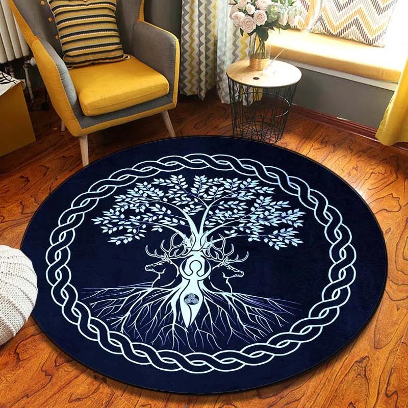 World Tree Round Rug Area Rug Viking Norse Mythology Print Round Carpet Living Room Bedroom Floor Mat Playroom Soft Round Carpet