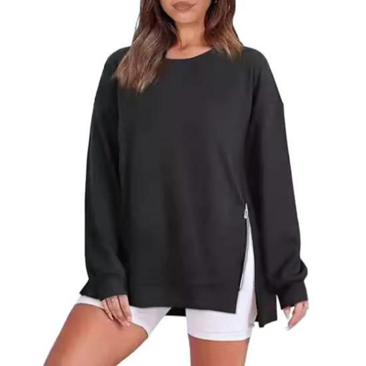 

Winter Fall Women Loose Sweatshirt Long Sleeves Zipper Slit Hem O Neck Thick Elastic Cuff Pure Color Mid Length Daily Sport Top XXL чорний