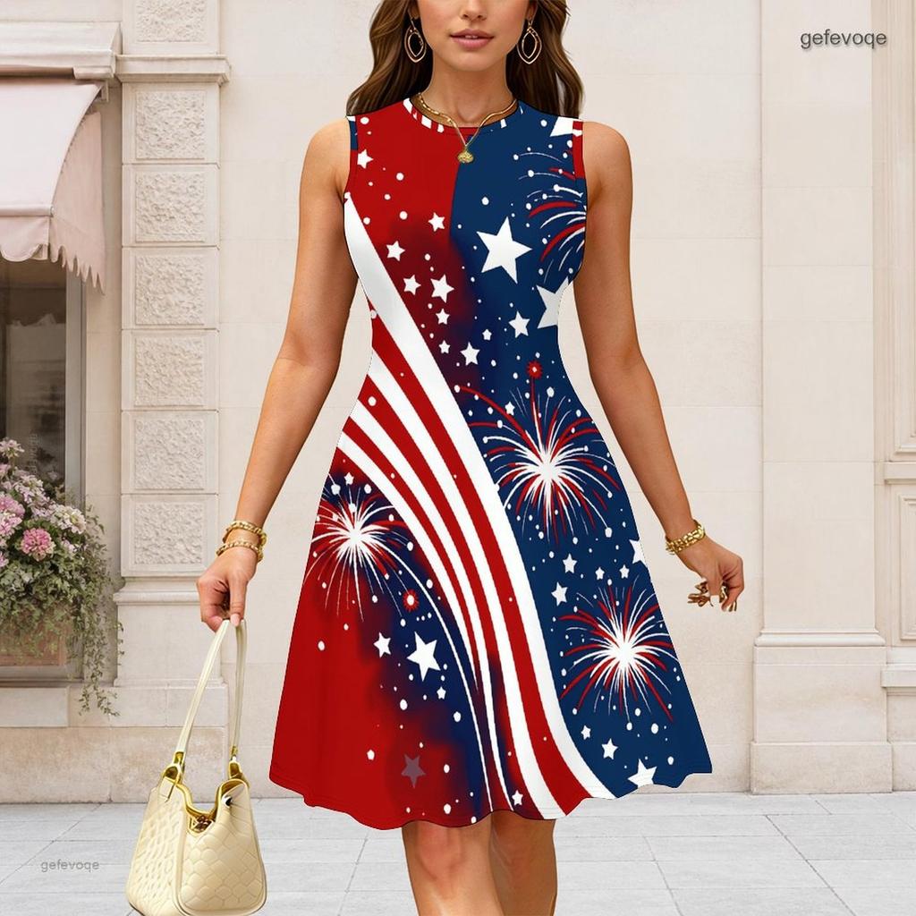 Women Plus Size Round Neck Sleeveless Colorful Floral Printed A Line Dress