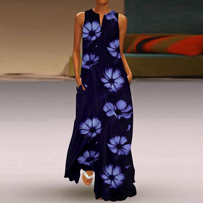 Women's New Spring And Summer Fashion Classic V-neck Color Printing Sleeveless Long Dress