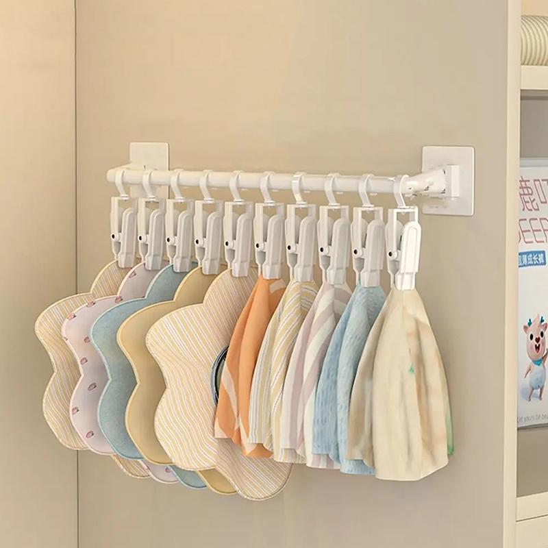 White Kids Wardrobe Hanging Rod Punch-Free Wall Mounted Hat Storage Rack With Clips Plastic Baby Saliva Towel Hook For Home