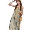 Retro new national style ink painting pleated vest dress women's summer new design temperament A-shaped long skirt