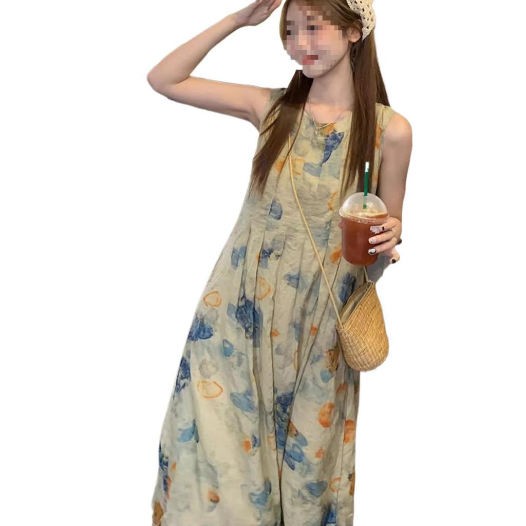 Retro new national style ink painting pleated vest dress women's summer new design temperament A-shaped long skirt