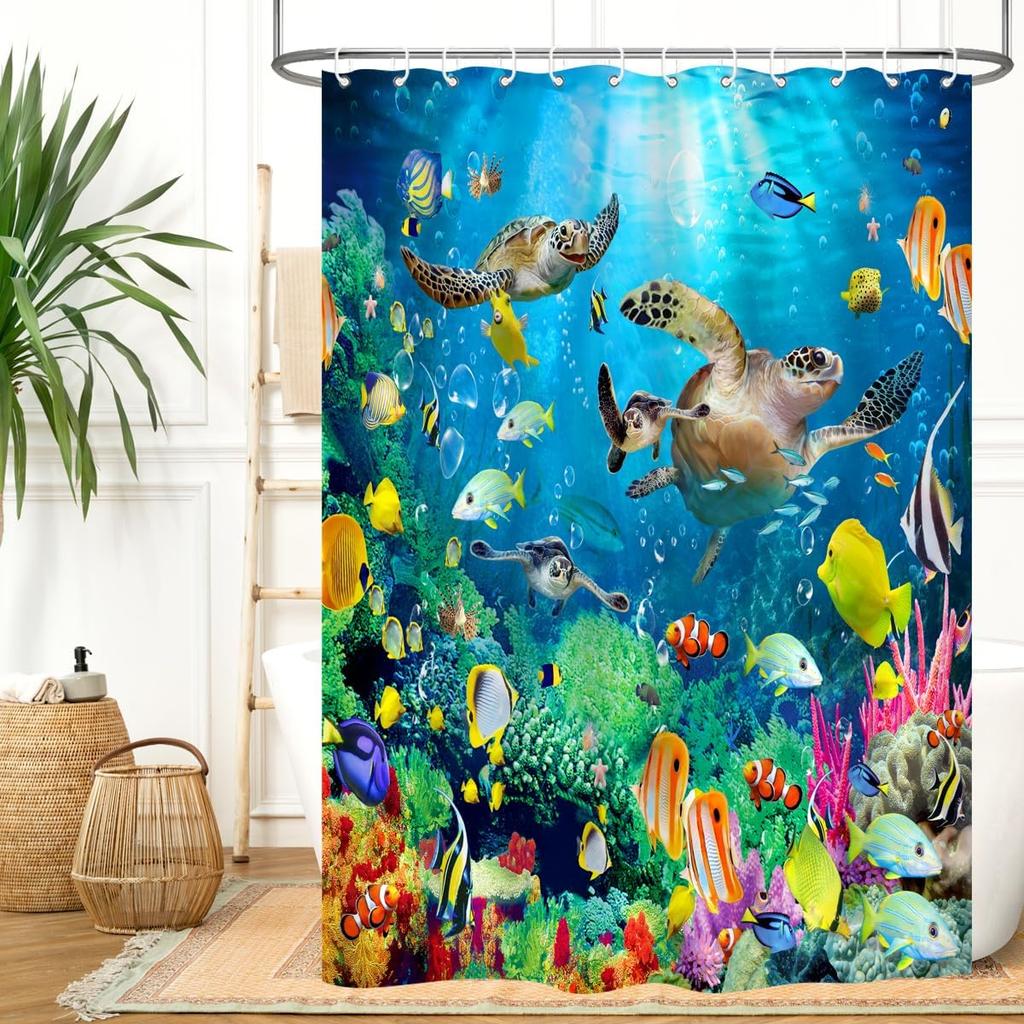 Ocean Underwater World Shower Curtain Colorful Tropical Fishes Turtle Coral in The Deep Sea Home Décor Waterproof Fabric Blue