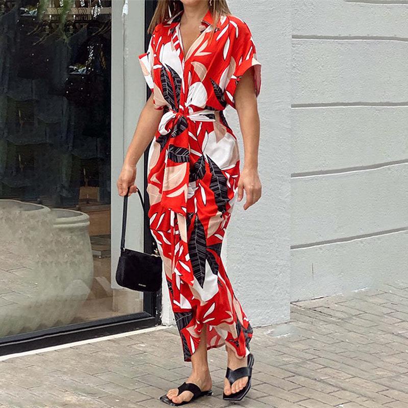 2026 Spring Women's Lace-Up Waist Short-Sleeve Solid Color Shirt Dress