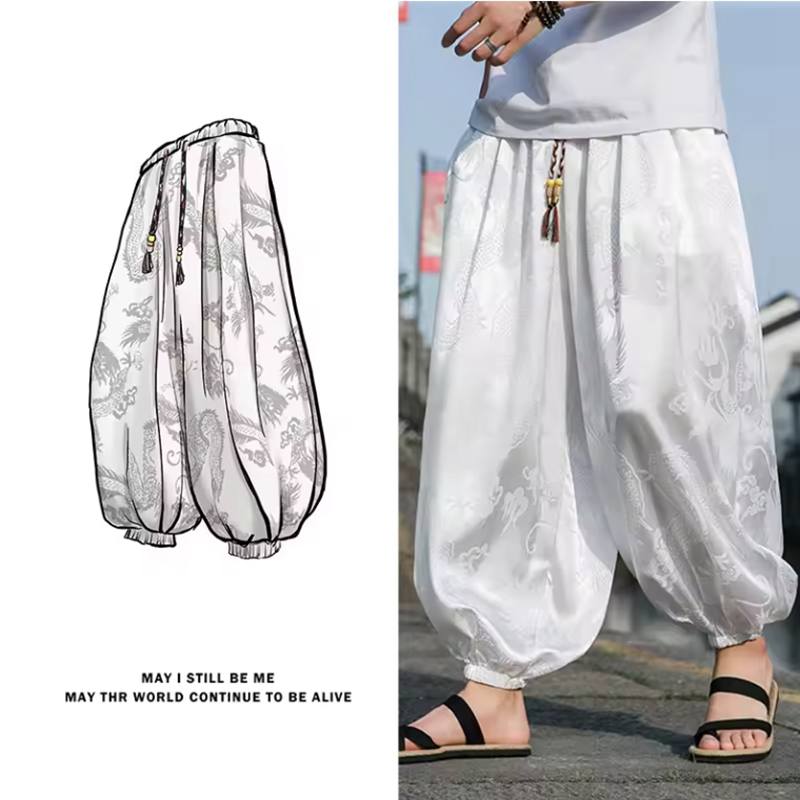 Venkovní značkové pánské kalhoty Lce hedvábí Drak Tmavý květ Volné bloomers Vysoce kvalitní Široké nohavice Ležérní kalhoty Pánské