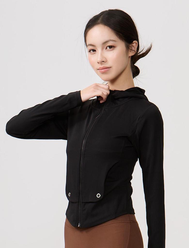 Lu Chuan Slim Fit Hooded Yoga Jacket with Waistband Pocket and Zipper.