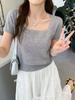 Short-sleeved knitted sweater new summer thin front shoulder t-shirt women's short square neck top thin bottoming shirt