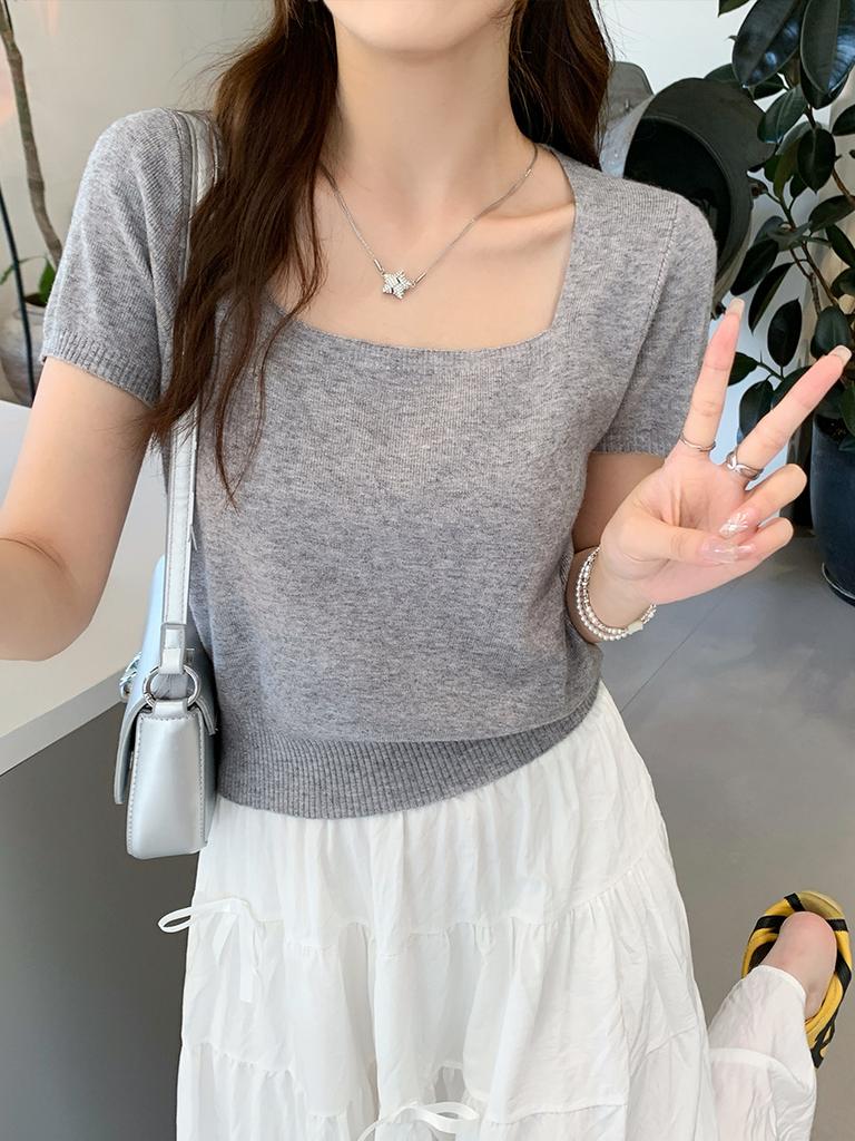 Short-sleeved knitted sweater new summer thin front shoulder t-shirt women's short square neck top thin bottoming shirt