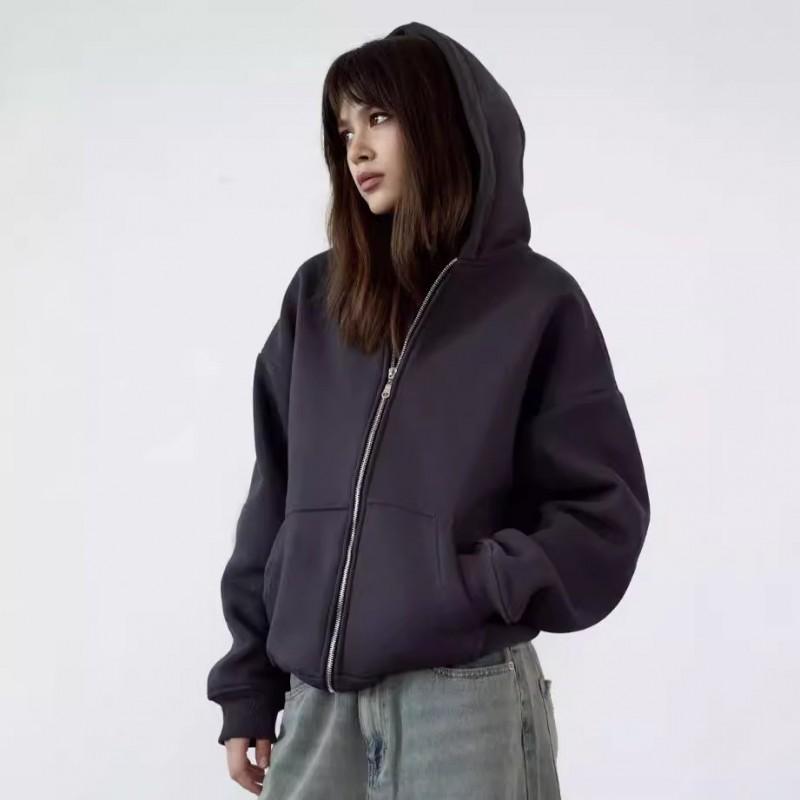 Unisex Zip Hoodie Casual Sport Sweatshirt Women Men Solid Color Fall Winter Outerwear