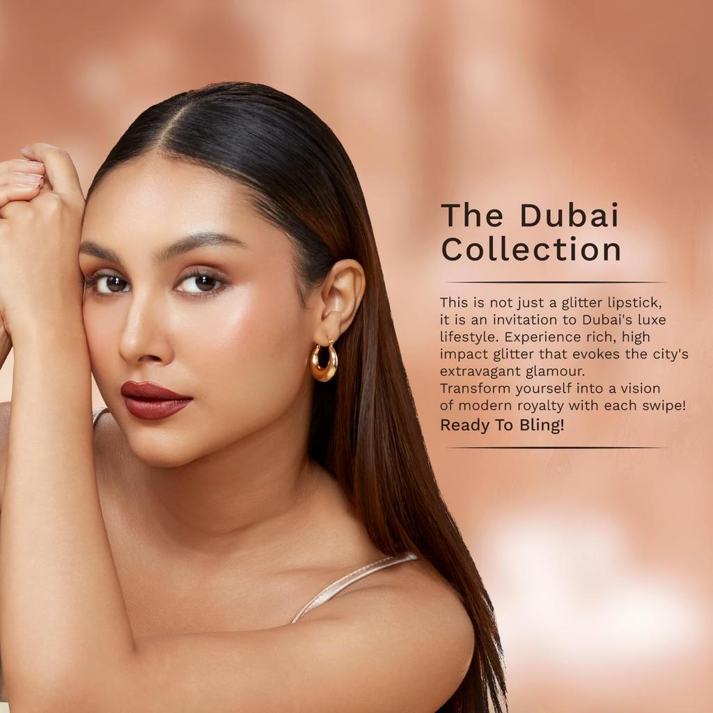 Pilgrim Glitter Lipstick for Women 4.2gm Dubai Luxe Her Highness Shade High-Impact Matte Hydrating Lip Color