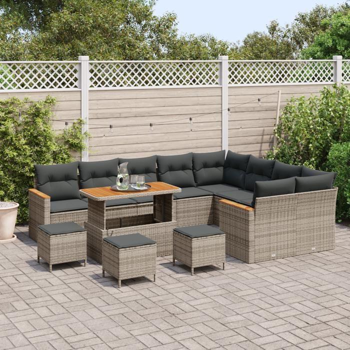 Ensemble de Canapé de Jardin 13 pièces avec Coussins Grises en Rattan Poly et Acacia, Ensemble de Salle à Manger de Jardin 4 3365043