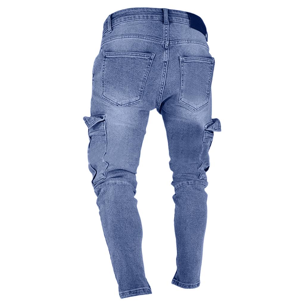 MakeWishes Denimi Men's Fashion Causal Pocket Zipper Slim Fit Shredded Denim Long Jeans Pants