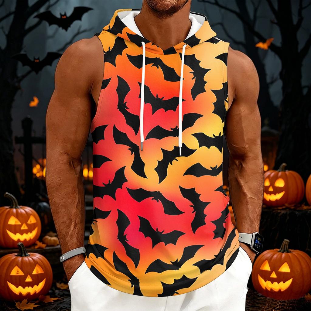 Men's Halloween Costume Hooded Vest, Sleeveless Drawstring Print Pullover for Party and Daily Wear
