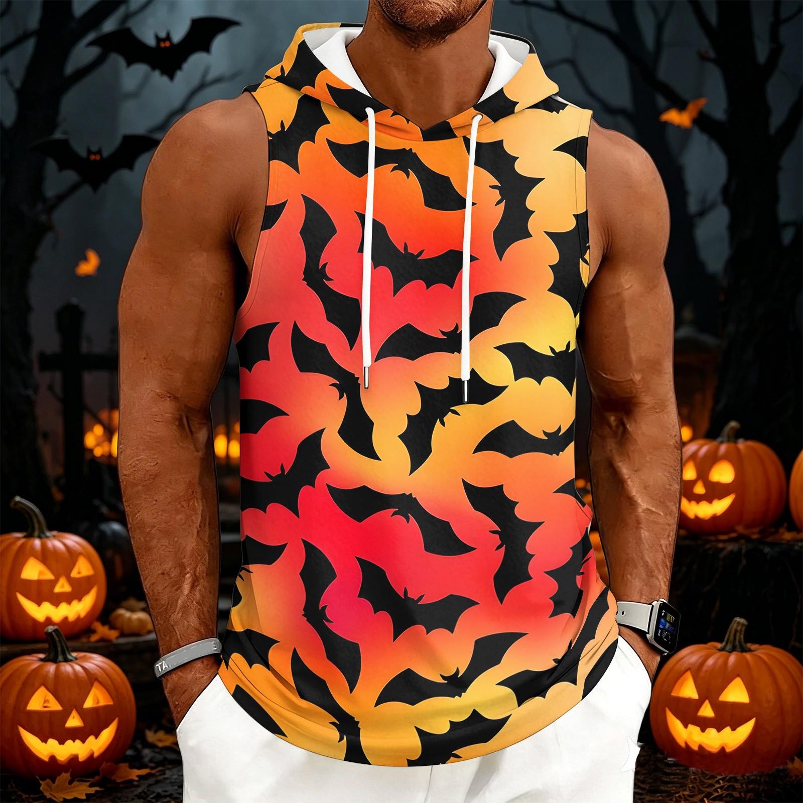 Men s Casual Halloween Print Hooded Sleeveless Drawstring Tank Top Lightweight Summer Muscle Shirt S чёрный