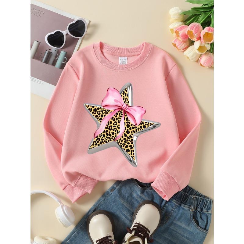 European sizes Girls Soft Crewneck Sweatshirt Leopard Print Star with Pink Bow, Casual for Fall Winter, Ideal Holiday Present.