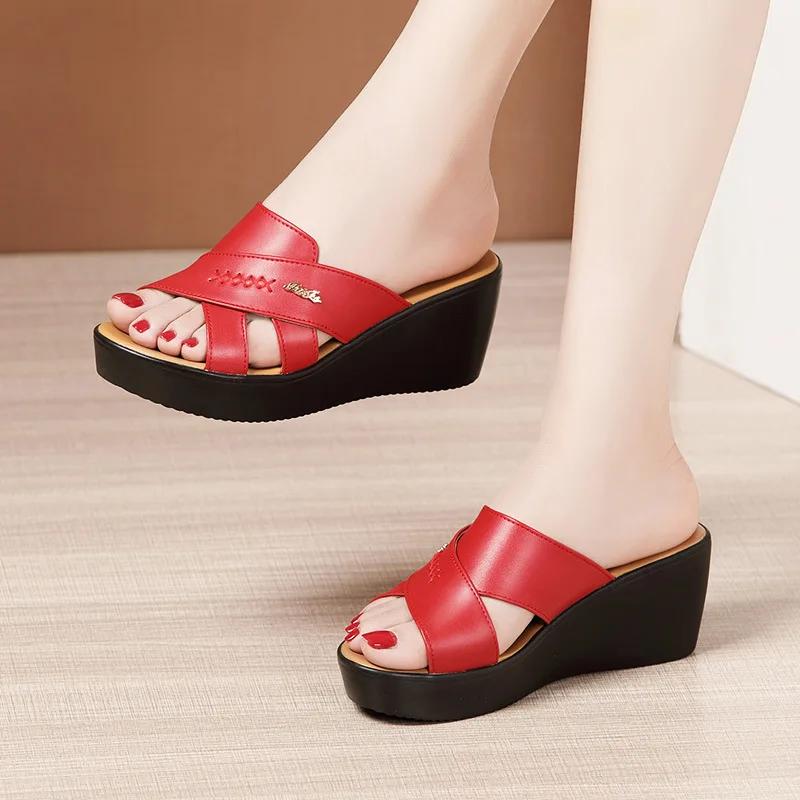 6cm Small Size 32-43 Comfortable All Match Soft Leather Slippers Platform Shoes 2025 Womens Med Heels Wedges Slides Office Beach