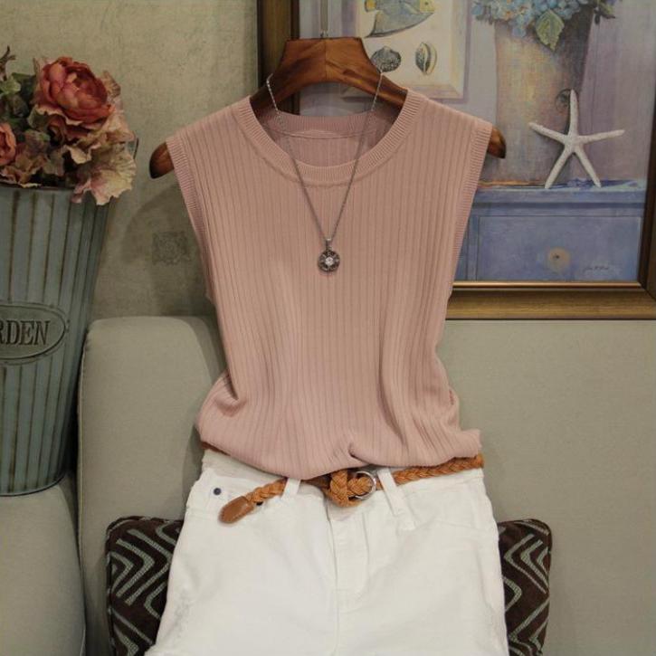 

Літня жилетка з круглим вирізом Жіноча широка лямка на плечі Ice Silk Тонкий топ без рукавів Однотонний трикотажний верхній одяг L рожевий