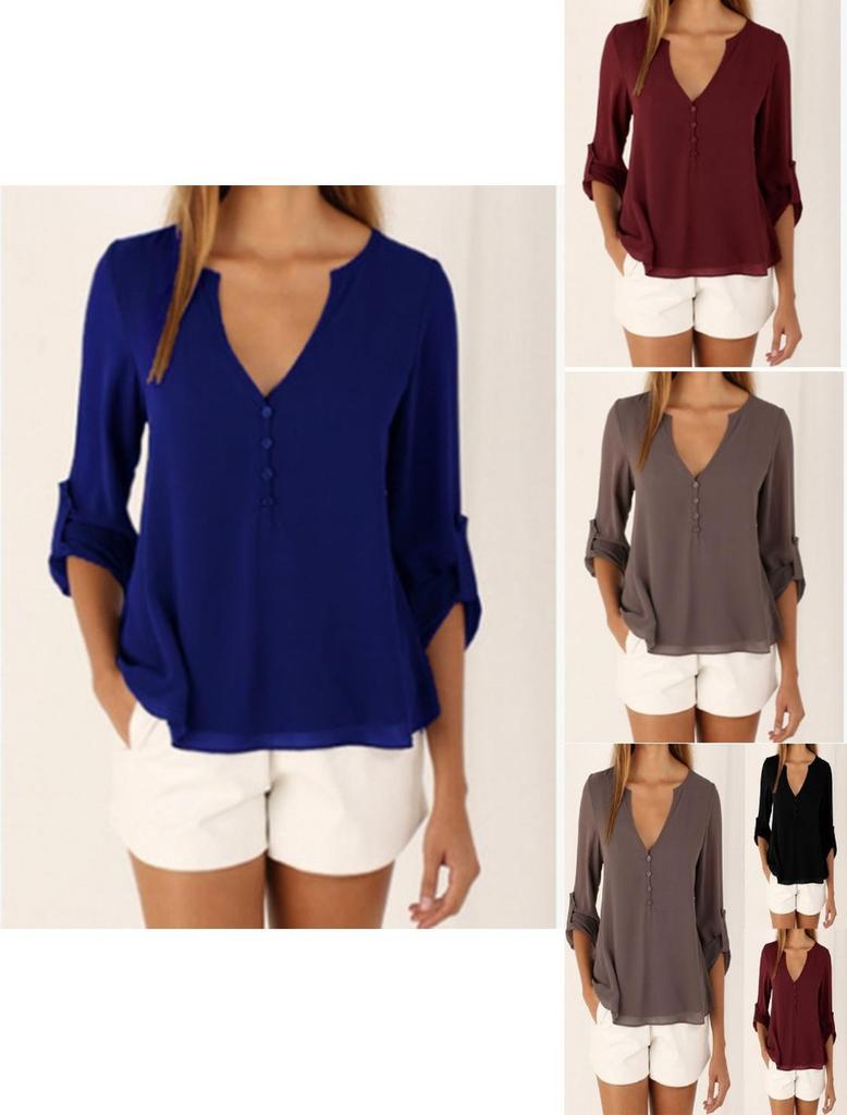 Women Casual Sexy Deep V Neck Chiffon Blouse Shirt With Slim Waist And Long Sleeves