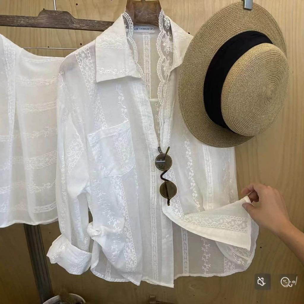 Camisa blanca de jacquard con empalme de encaje retro para mujer 1116 nuevo diseño de verano top de manga larga que reduce la edad algodón y lino