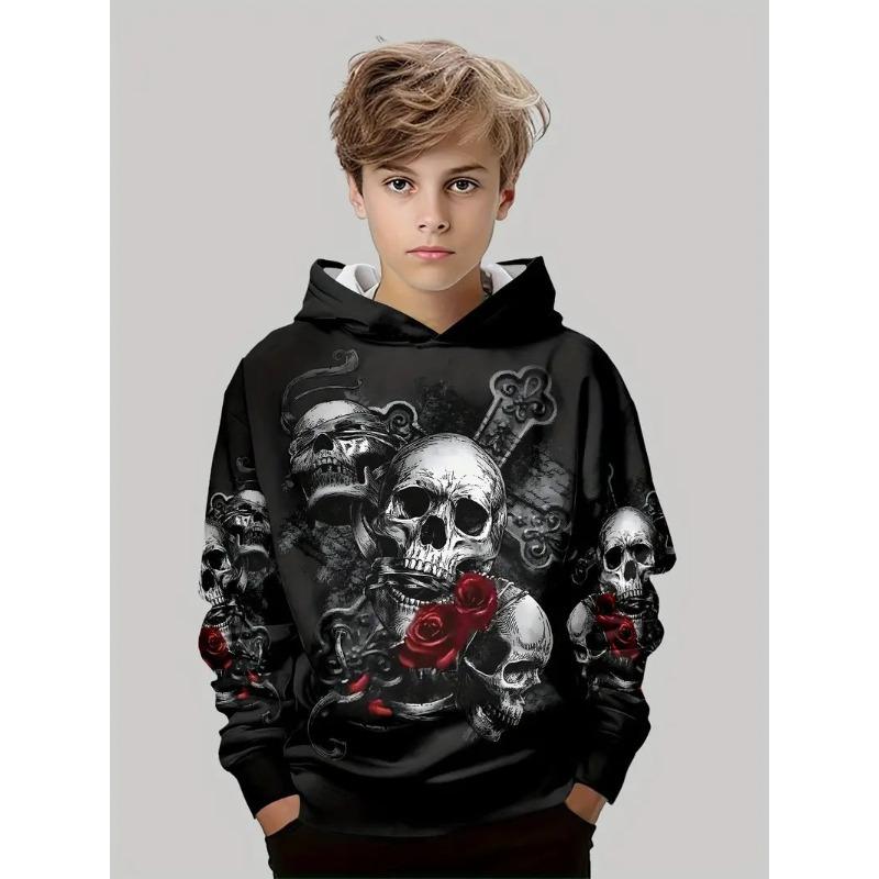 Autumn 3D Skull Printed Hoodies Fashionable Casual Sports Long Sleeved Children's Boy Hooded Sweatshirts