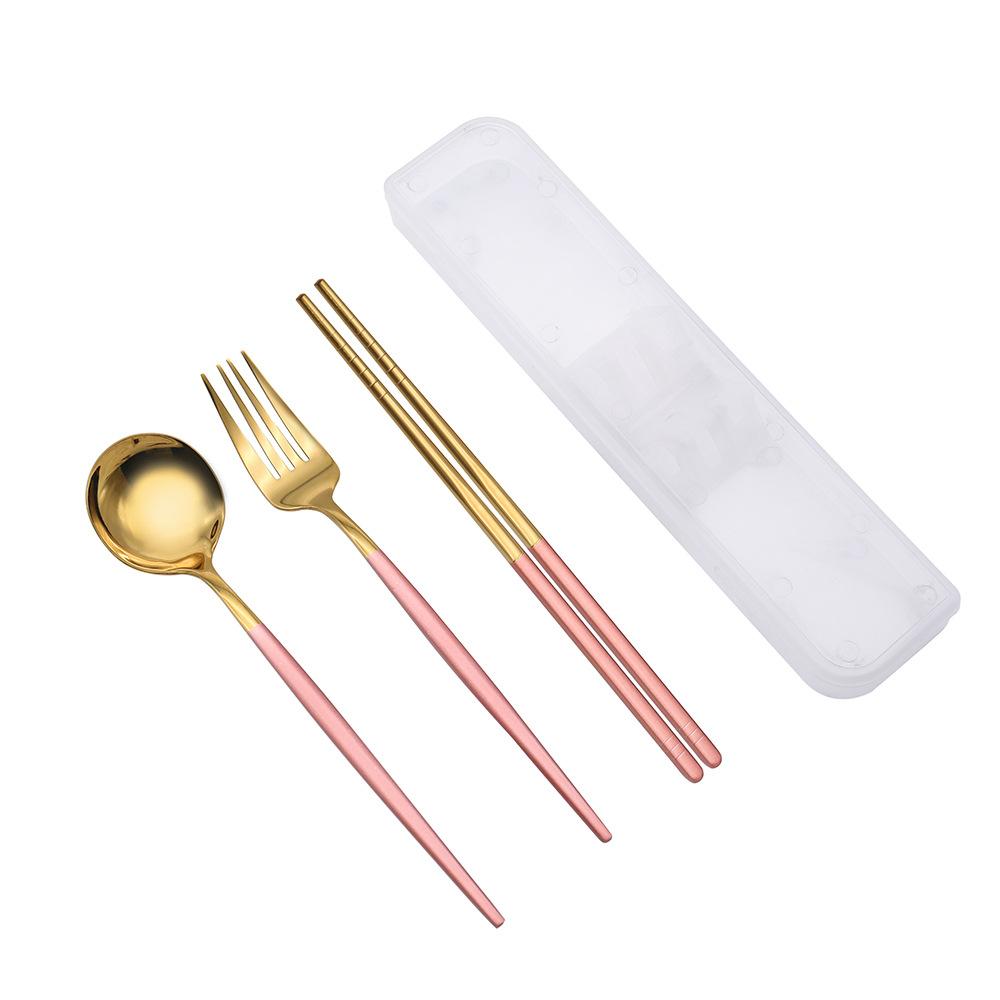 

3pcs Box Stainless Steel Spoon Chopsticks Fork Set Outdoor Chopsticks Spoon Portable Tableware Set Gift Pink-A
