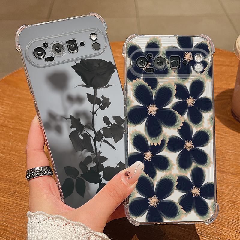 Black Rose Floral Pattern Case For Google Pixel 9 Pro XL 9A Shockproof TPU Silicone Clear Soft Cover