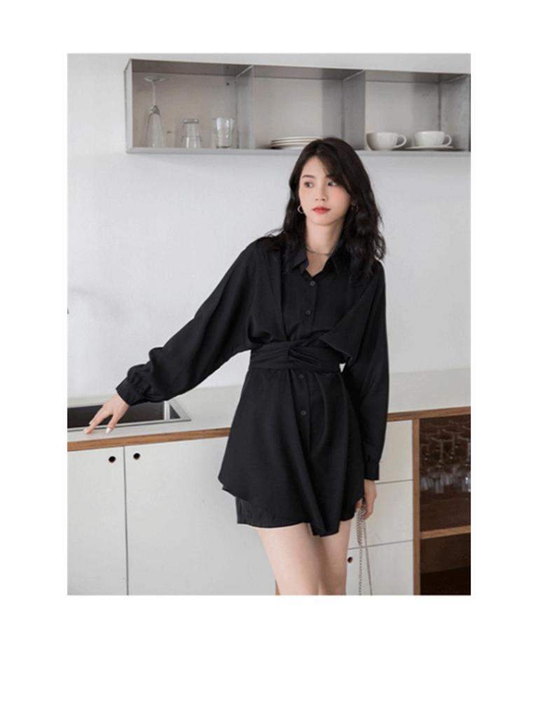 Women's Elegant Slim-Fit Long-Sleeve Shirt Dress: Waist-Cinching, Irregular Hem, French Style for Spring and Autumn