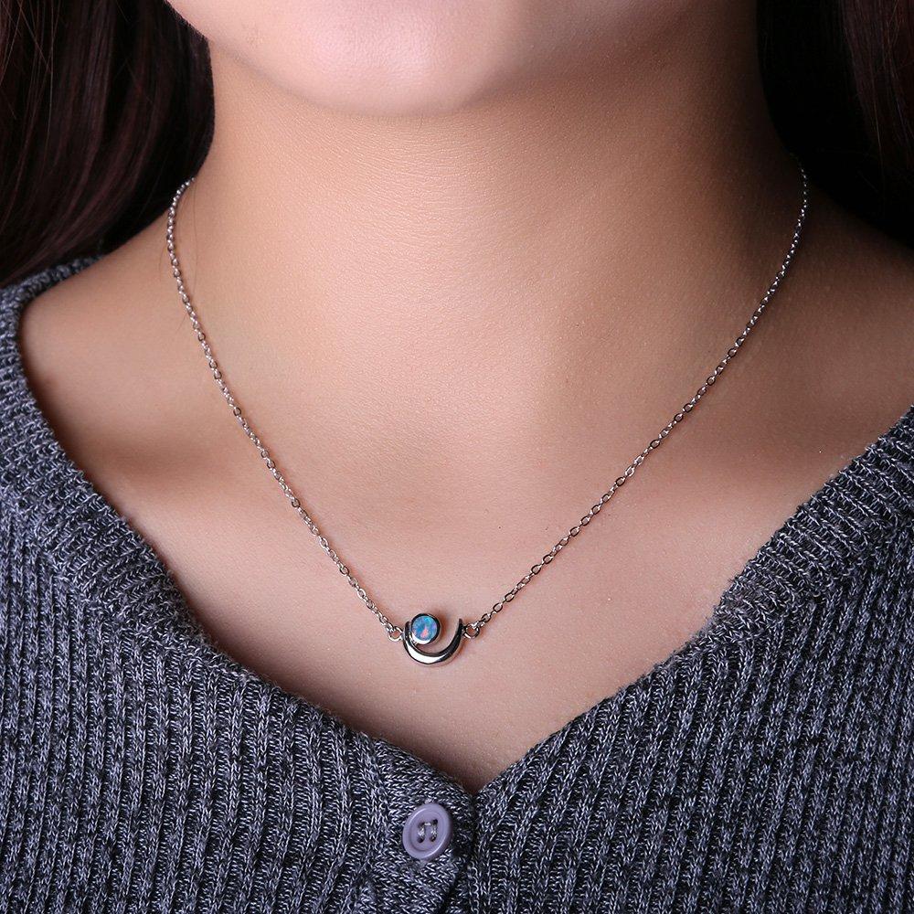 KELITCH Women's Choker Necklace with Synthetic Opal & Moon Oval Pendant (16-18 Inch) Chain (Color)