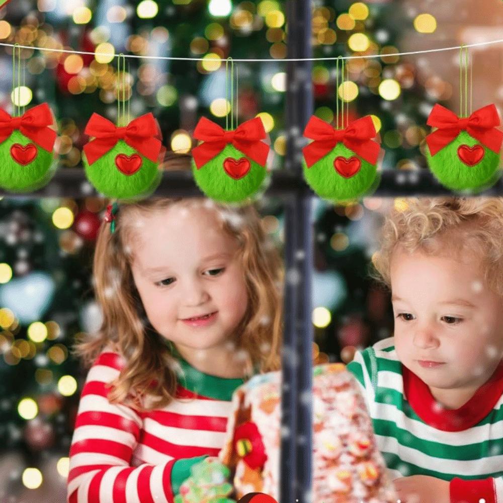 12Pcs Decorative Furry Christmas Green Elf Ball Soft 6cm Green Christmas Balls with Bow and Heart DIY Xmas Tree Pendant Window