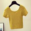 Women's Casual Square Collar Solid Short Sleeve Buttons Knitted Hollow Out T-Shirt