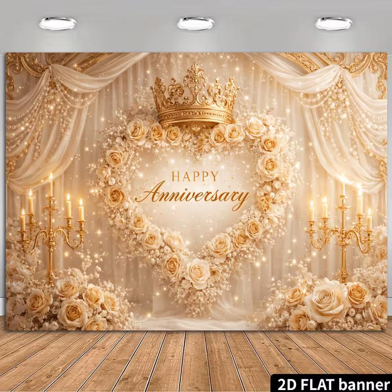 

2D Gold White Floral Anniversary Banner Party Photo Background 47.2x31.5inch/120*80cm