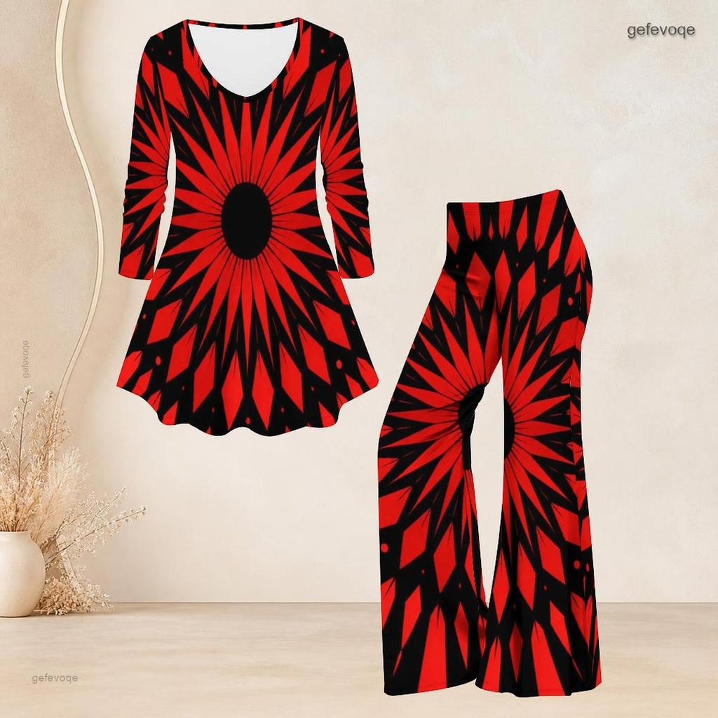 Women Plus Size Printed Two Piece Set Round Neck Three Quarter Sleeve Flared Top Flared Pants