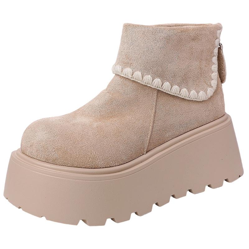 Jednoduché krajkové kotníkové boty, sněhule na silné podrážce se skrytým zvýšením výšky, dámské podzimní a zimní retro sametové zateplené krátké bavlněné boty