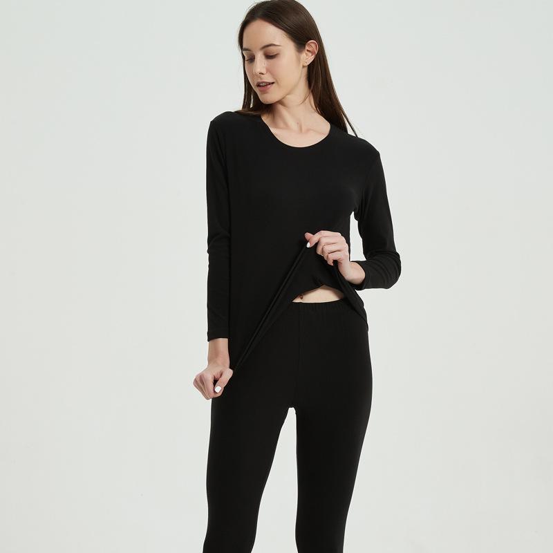 Solid Color Double-Sided Brushed Warm Base Layer Set for Women & Men - Round Neck Top & Pants for Autumn