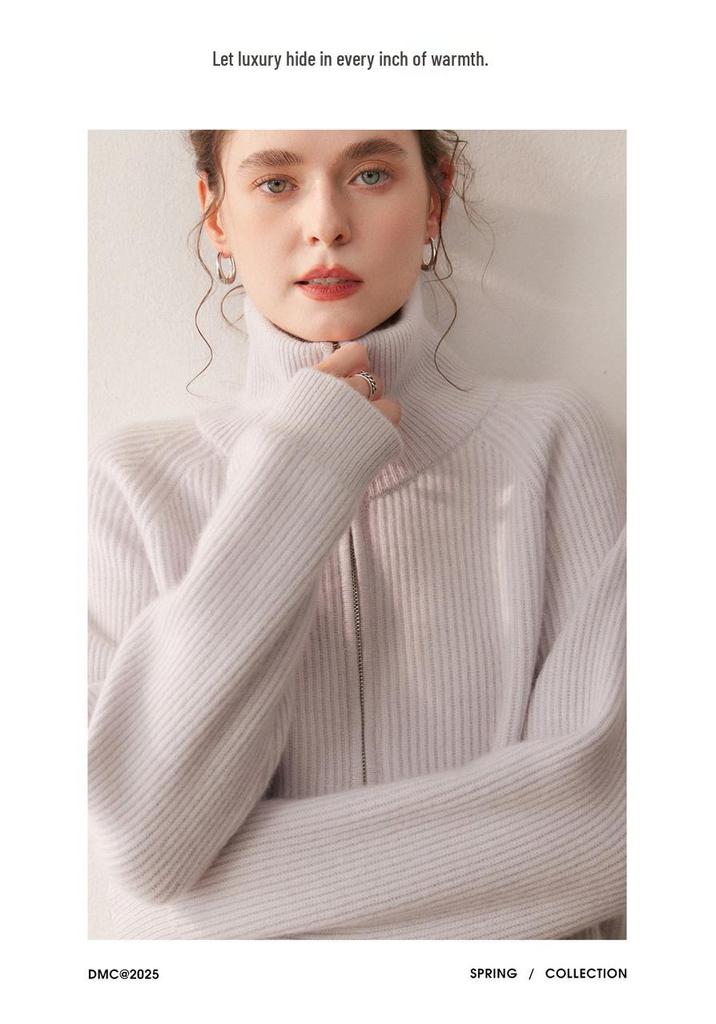 2025 Autumn/Winter Thick Double Zipper Cashmere Knit Cardigan for Women - High Collar Ribbed Long Sleeve Outerwear