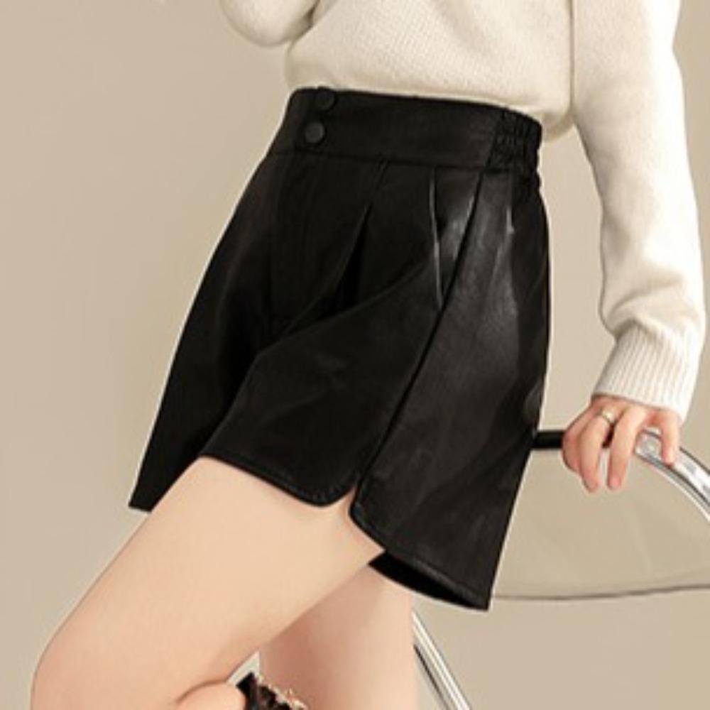 PU High Waist Leather Shorts Baggy Elastic Waist Shorts All Match Hot Woman Short Pants  Summer