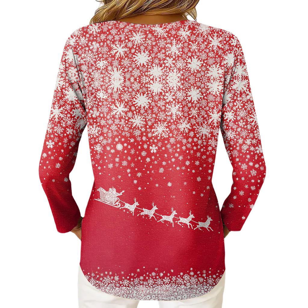 Top casual de damă cu mânecă lungă și decolteu în V, cu imprimeu de Crăciun