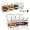 1SET/2SET Four Compartment Transparent Seasoning Box with Spoon Lid and Storage Base Sugar, MSG Four in One Storage Container