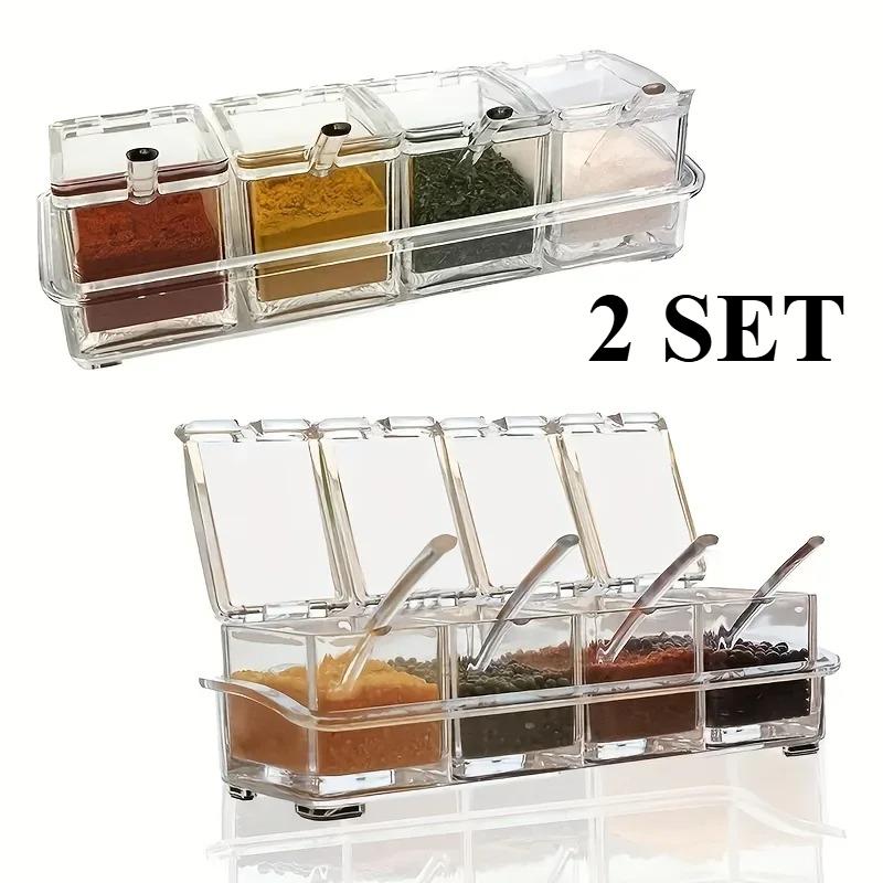 1SET/2SET Four Compartment Transparent Seasoning Box with Spoon Lid and Storage Base Sugar, MSG Four in One Storage Container